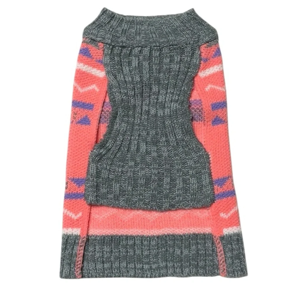 Pink and Gray Knit Dog Sweater with Paw Print